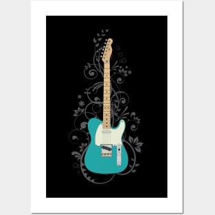 Teal T-Style Electric Guitar Flowering Vines Posters and Art